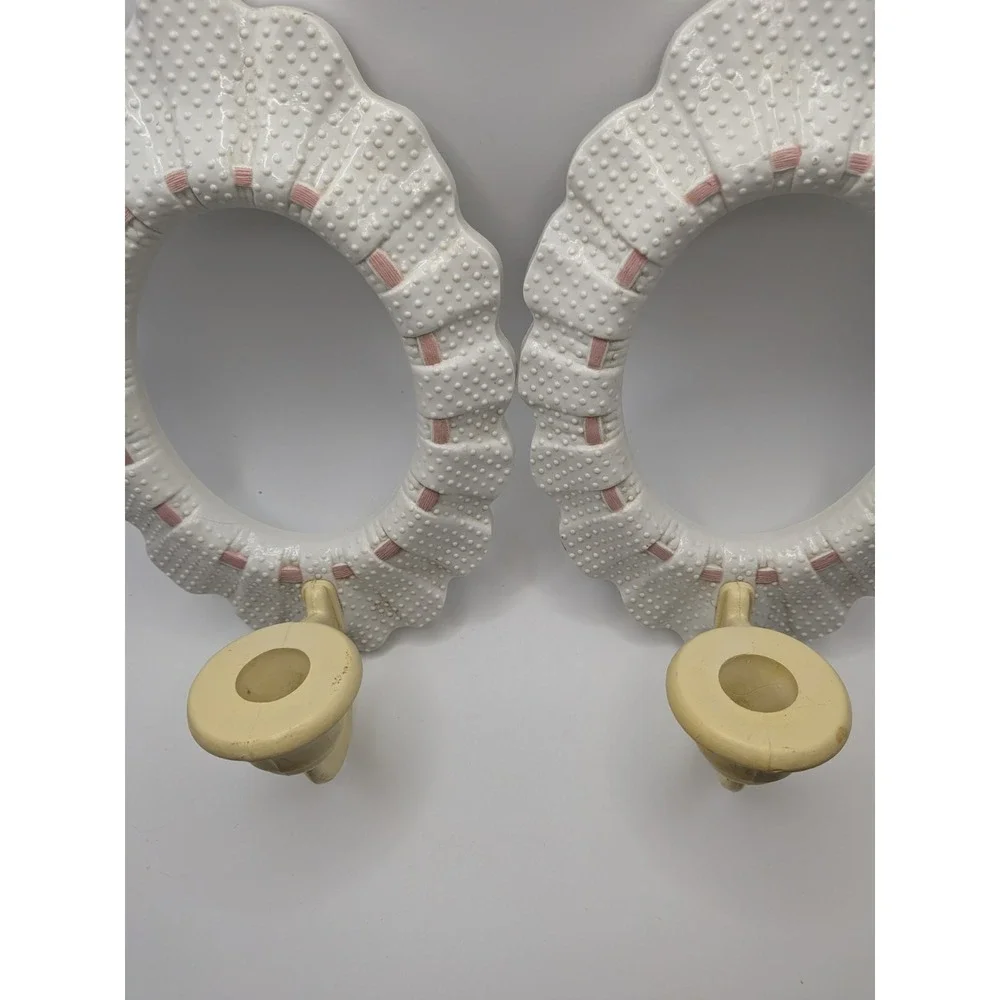 Burwood White Hobnail‎ Pink Ribbon Sconce Candle Holders Cottagecore Wall Set